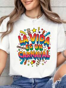 Women's Limited Edition Carnival T-Shirt | Colorful Carnival Letter Print T-Shirt - Spring/Summer, Soft, Breathable, Short Sleeve, Crew Neck, Casual Style, Machine Washable, Regular Fit | Machine Washable, Ideal For Gifting To Friends. | Party Outfit Sets | 100% Cotton Carnival Essential Outfit - 白色 - 查看 7
