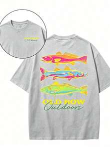 Men's Casual Summer Washed Cotton T-Shirt Old Row Outdoor Fish Print, Round Neck Short Sleeve Lightweight Knitted Fabric, Rib Details 100% Cotton - 純棉灰色 - 查看 14
