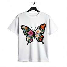 Tops para mujer Casual de Manga Corta para Mujer WXM% Algodón (Estampado de Mariposa Bordada) - s Estampadas / Tops para Mujer - Casual Blanca: para Paseos y Reuniones - Adecuada para Uso Diario - Manga Corta, Cuello Redondo, Corte Regular - El Regalo Perfecto para Cumpleaños o Fiestas - Blanco - Ver 2
