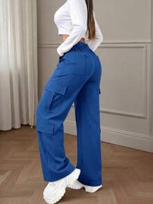 Pantalones cargo negros con múltiples bolsillos y botones, de estilo elegante y lindo Y2K, ligeros, adecuados para volver al colegio, graduación, club, fiesta de cumpleaños, Halloween, Acción de Gracias, concierto, gimnasio, playa, oficina, uso diario, al aire libre, deportes, aeropuerto, calle, Día del Maestro, primavera, verano, otoño, invierno - Azul Klein - Ver 2