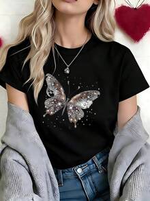 Glamorous Silver Rhinestone Butterfly Graphic T-Shirt, 100% Cotton Oversized Soft Breathable Elegant Tee, Casual Crewneck Short Sleeve Top For Parties & Fashion Lovers - 黑色 - 查看 3