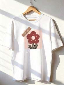Happy Minimalist Floral Print T-Shirt, Fashionable Short-Sleeved T-Shirt For Spring And Summer 2026. Cartoon Print, Couple Style, Suitable For Indoor Or Outdoor Wear. Round Neck, Unisex, Ideal For Office And Leisure. - WH-P631557LNDXZGY263 - 查看 1