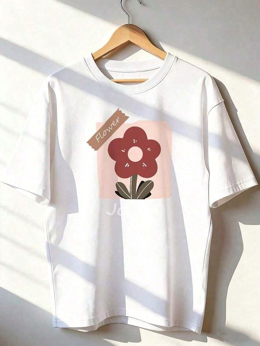 Happy Minimalist Floral Print T-Shirt, Fashionable Short-Sleeved T-Shirt For Spring And Summer 2026. Cartoon Print, Couple Style, Suitable For Indoor Or Outdoor Wear. Round Neck, Unisex, Ideal For Office And Leisure. - WH-P631557LNDXZGY263 - 查看 1