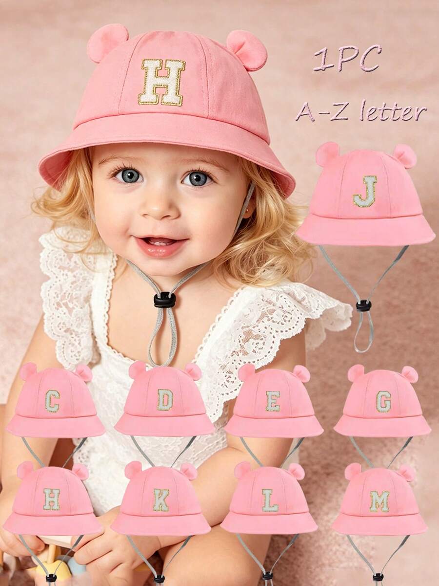 1 chiếc mũ chống nắng in chữ cái A-Z, mũ rộng vành chống nắng ngoài trời dành cho trẻ em (unisex) có dây buộc cằm. - Hồng - Xem 1