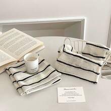 1/2/6pcs Classic Nordic Style Black & White Striped Placemats, Hollow-Out Fabric Napkins & Decorative Tablecloths - White - View 5