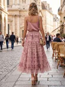 Falda larga de malla con efecto tie-dye estilo retro francés, falda larga de línea A de malla de alta gama, falda de tul con volumen en capas para mujer en color rosa - Rosa - Ver 2