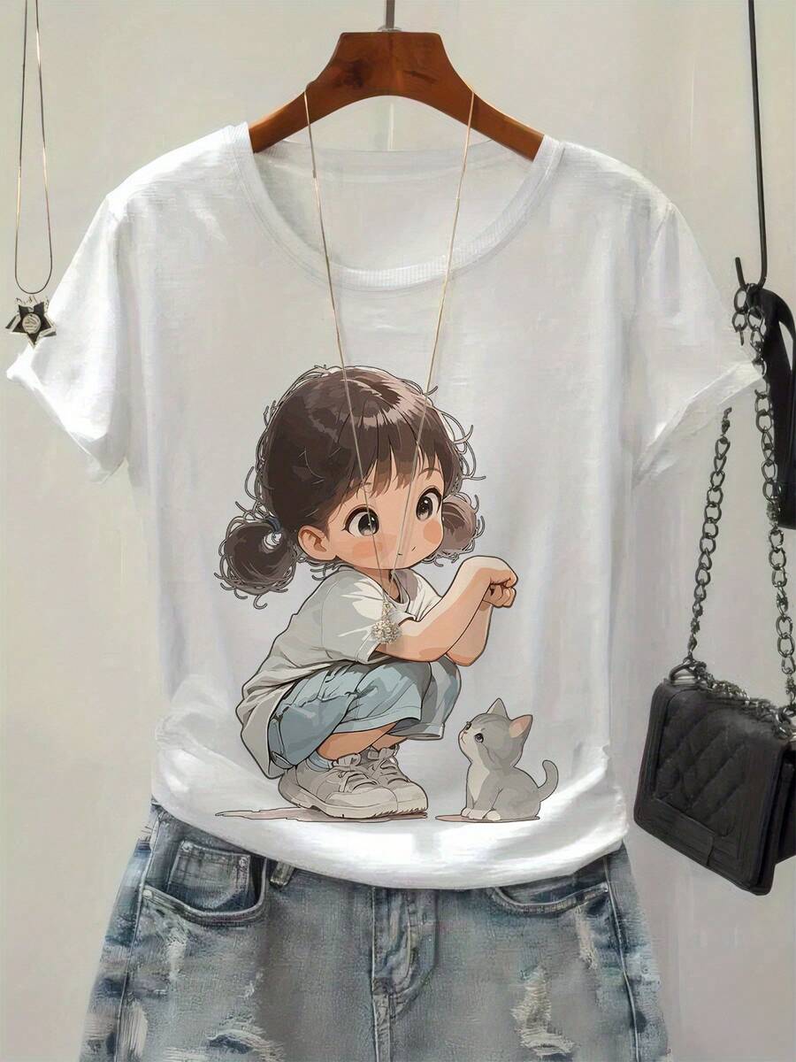 Camiseta de mujer moderna, informal, para fiestas y para estar en casa, 100% algodón, corte holgado. Camiseta Casual de Manga Corta con Cuello Redondo para Mujer - Estampado Gráfico de Dibujos Animados y Gatos, Transpirable para Primavera y Verano, Lavable a Máquina, Ropa Casual, Camiseta de Verano, Corte Relajado, Tela Suave 100% Algodón - Blanco - Ver 1