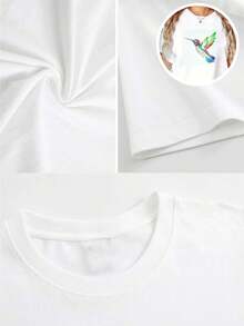 Camiseta de mujer moderna, informal, para fiestas y para estar en casa, 100% algodón, corte holgado. 1 blusa de mujer, blusas bonitas para mujer, ropa de mujer, camiseta de algodón blanco, estampado colorido de colibrí, estampado de algodón de alta calidad, cuello redondo, corte básico holgado, para hombre y mujer, transpirable, versátil, lavable a máquina, cómoda, talla S ~ 3XL, para uso diario, casual, deportivo, artículo esencial de verano, 100% algodón. - Blanco - Ver 4