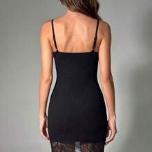 Women's Elegant Black Mini Lace Splice Collar Fitted Short Camisole Dress, Suitable For Weddings, Dates And Special Occasions Party Summer - Negro - Ver 3