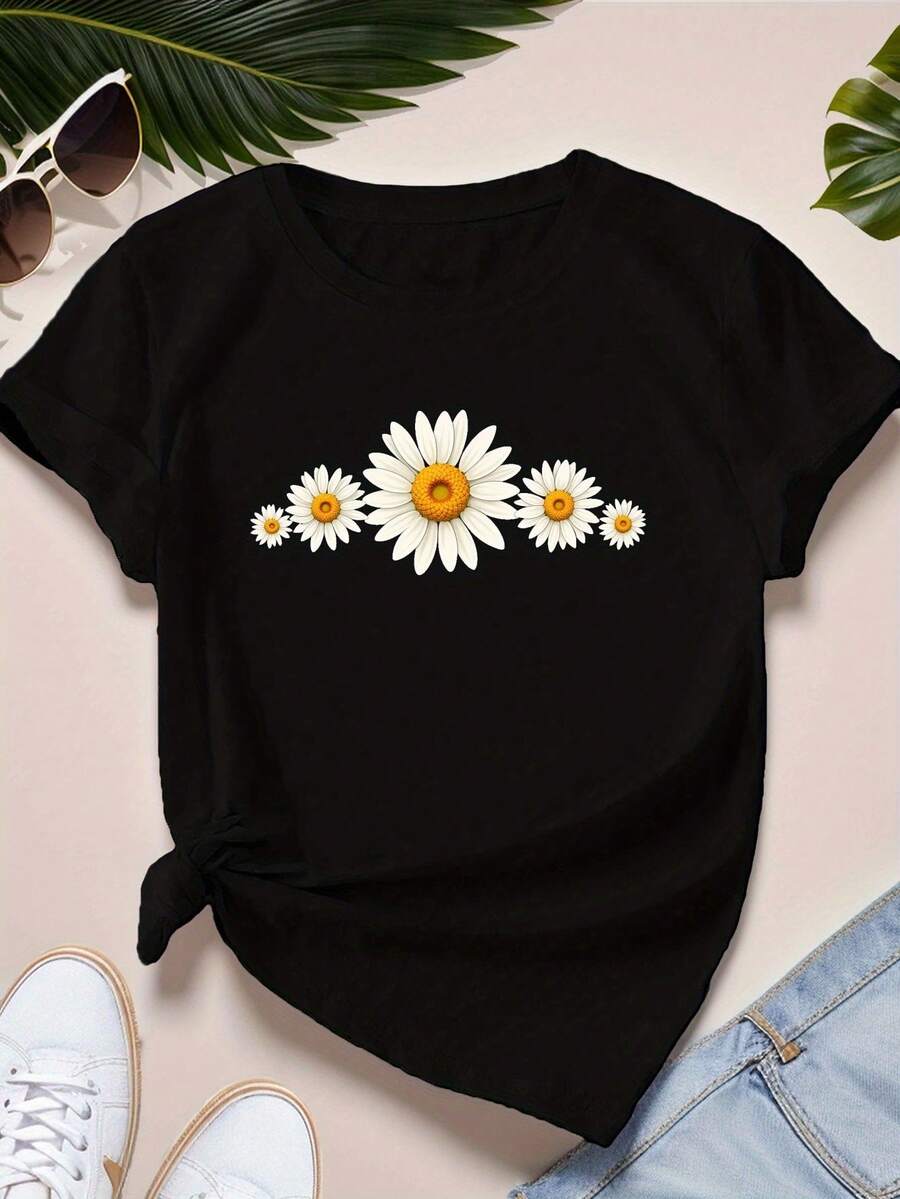 Camiseta casual de cuello redondo para mujer, con patrón geométrico de margaritas, tejido de punto 100% poliéster, mangas cortas, camiseta deportiva para todas las estaciones.una camiseta estampada muy distintiva / estilo unisex / adecuada tanto para hombres como para mujeres / resistente a las arrugas / transpirable - Negro - Ver 1