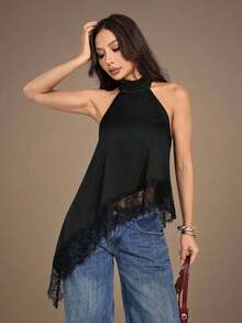 Top halter con escote trasero, bajo asimétrico y parches de encaje, sexy para el verano - Negro - Ver 4