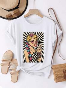 Women's Comfortable And Casual Short-Sleeved Crew Neck T-Shirt With A Vintage-Style Print. The Design Features A Girl Wearing Sunglasses Comparing A Peace Symbol To A Lotus Flower. The Crew Neck And Regular Length Make This T-Shirt Suitable For All Seasons And Ideal For Everyday Wear In Spring And Summer. - 白色 - 查看 6