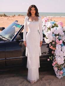 New Arrival European And American Fashion Square Neck Diamond Flower Design Layered Tassel Fitted Party Dress For Women - White - View 4