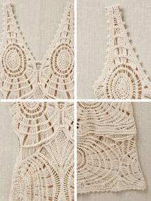Bohemian Style Women's Crochet Dress, V-Neck Sleeveless Hollow Waist Fitted Dress, Summer Beach Holiday Wedding Guest Dress - Apricot - View 11