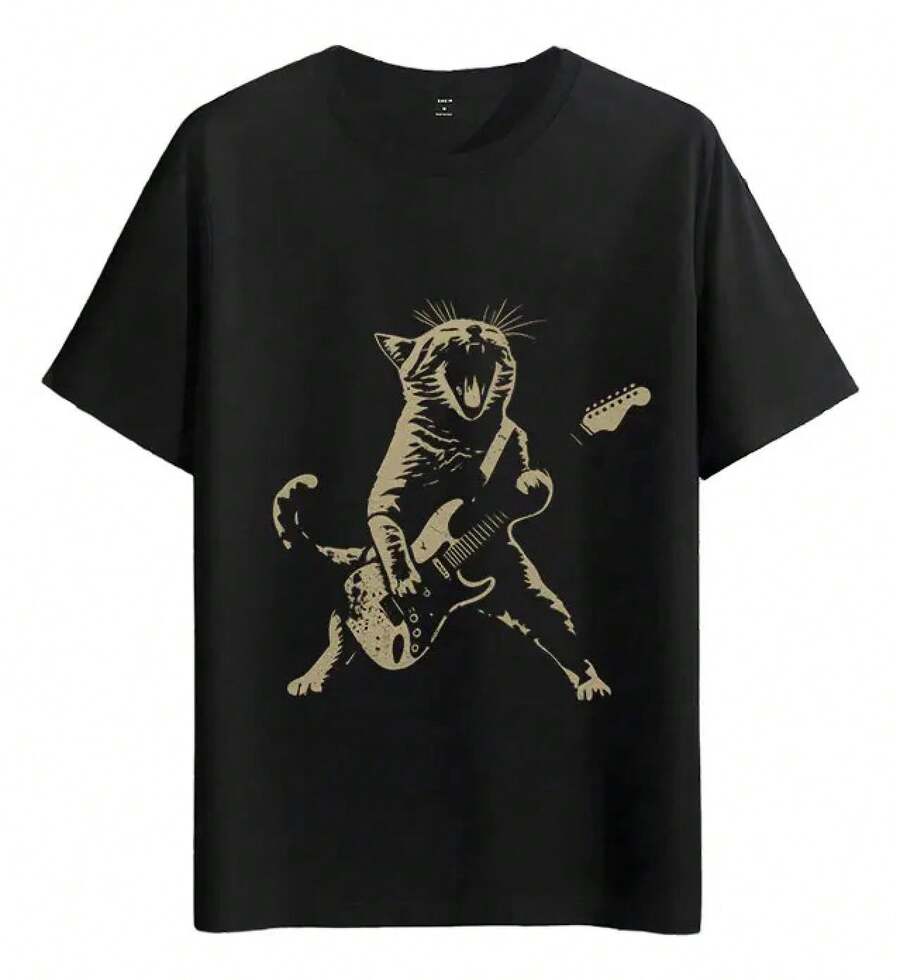 Tshirt Muscle Freaks Gato Rockero Estilo Suelto Y Cómodo - Negro - Ver 1