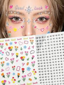 Energetic Sweet Girl Face Decor Set, Glue-Free Tulip & Heart Stickers + Multi-Size Rhinestone Set, Self-Painted Graffiti + High Gloss Effect, Suitable For Face, Eyes, Neck And Nails Decor, Applicable For Fandom Makeup, Music Festivals, Subculture Styles, Creating Energetic Young Girl Makeup Look - Multicolor - View 1