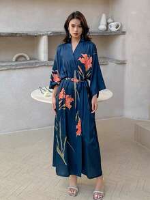 Kimono largo con estampado floral bohemio vintage oversize, cubierta de playa de verano, ropa exterior para traje de baño - azul real - Ver 7