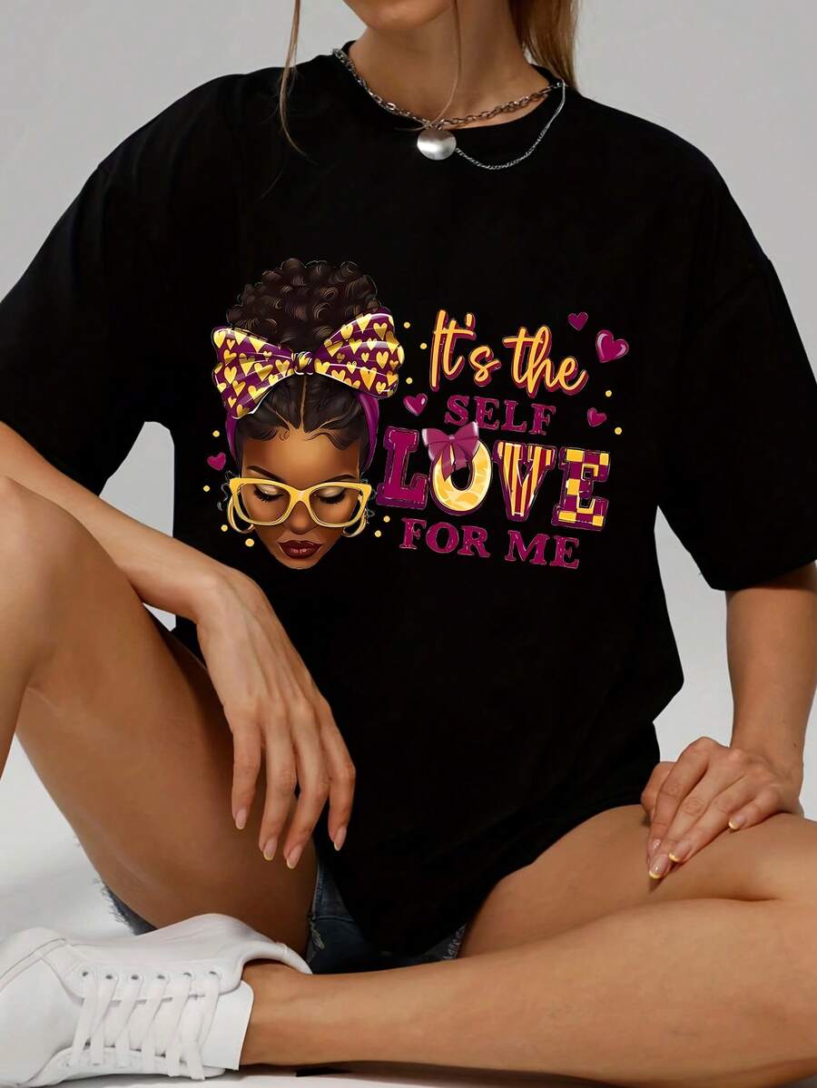 Plus Size Women's Short Sleeve Crew Neck T-Shirt With Self-Esteem Theme Design And Breathable Fabric. Casual And Modern Style, Ideal For Mother's Day Gifts - 黑色 - 查看 1