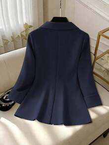 Clasi Chaqueta ligera de estilo casual de negocios para mujer, con cuello de solapa, apta para el lugar de trabajo, de unicolor, para primavera/otoño - Azul marino 2 - Ver 2