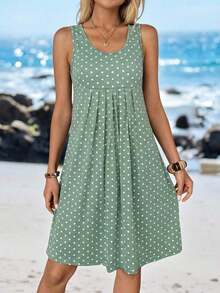 Vestido corto de verano para mujer de unicolor simple, cuello redondo, plisado y sin mangas - Verde - Ver 3