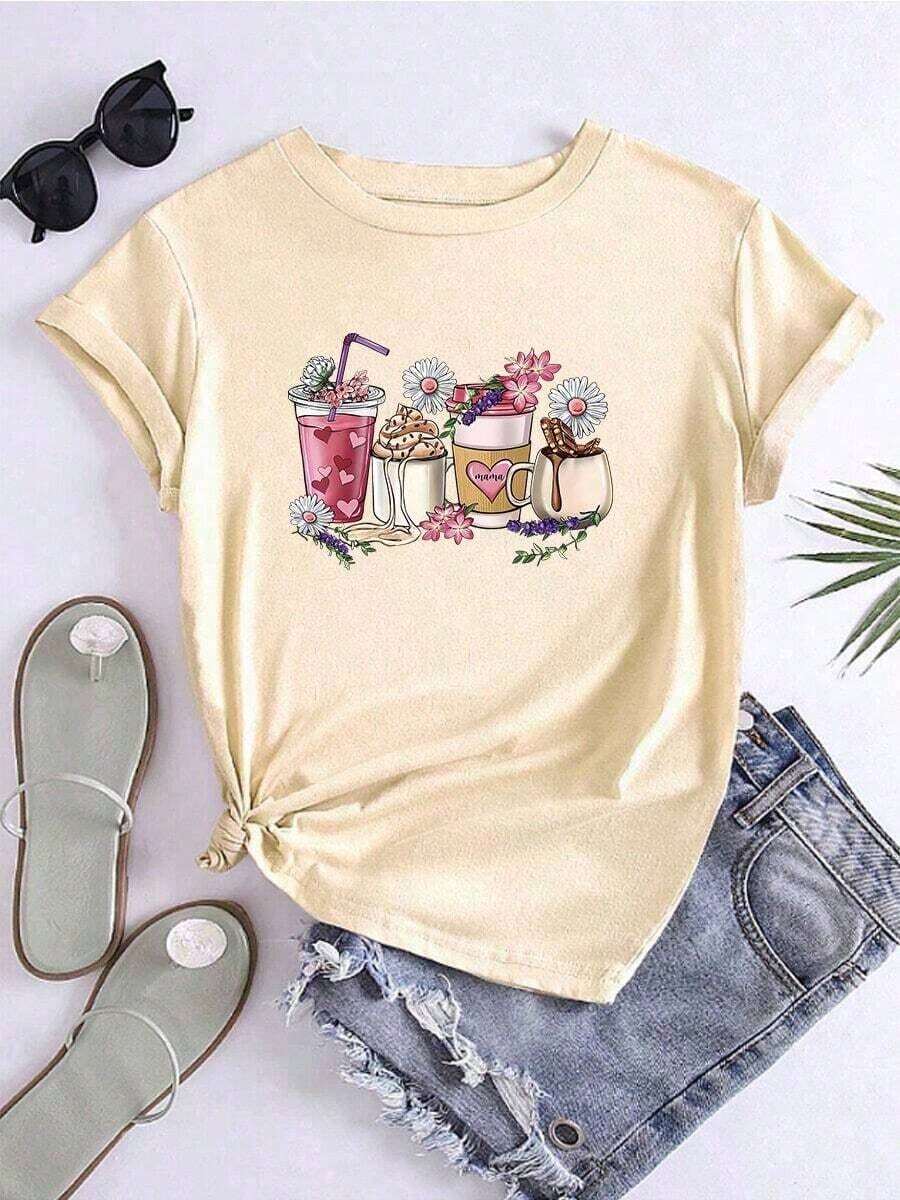 Camiseta suelta de moda para mujer estampada con una variedad de bebidas y estampados de crisantemos, adecuada para el uso diario en el hogar, los deportes y el trabajoPure-Cotton - Albaricoque - Ver 1