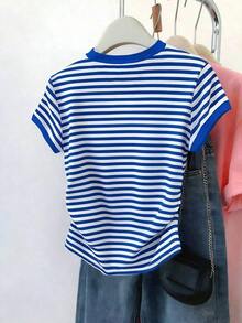 Camiseta gráfica casual a rayas para mujer, con cintura fruncida ajustada, versátil para el verano, de vuelta al colegio, uso diario, fiesta, cita, con un diseño que capta mucha atención - Multicolor 6 - Ver 2