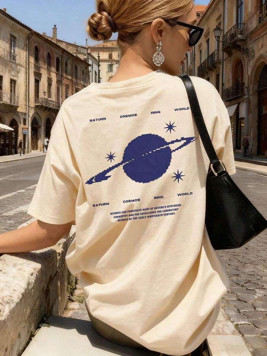 Camiseta casual de mujer de cuello redondo con estampado de planeta, de manga corta, adecuada para primavera y verano, de moda y versátil para uso diario. Camisetas gráficas para mujeres de vacaciones - Albaricoque - Ver 1