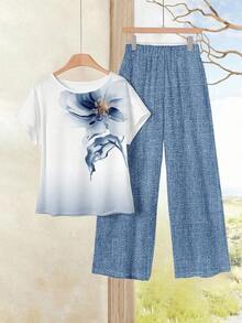 Set de 2 piezas de top de cuello redondo holgado y pantalones de pierna ancha para mujer, conjunto versátil casual para primavera/otoño, conjunto de pantalones y top casual para vacaciones - Multicolor 9 - Ver 6
