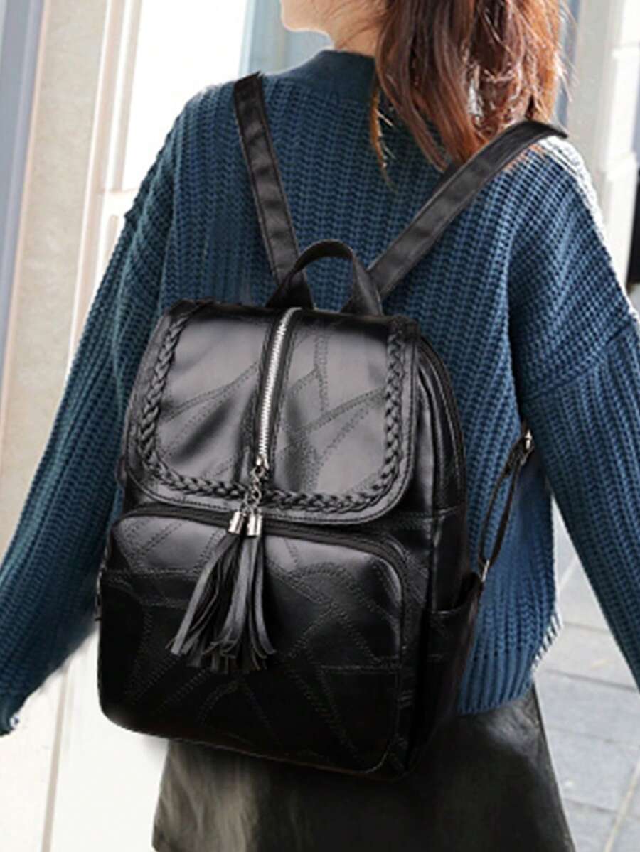 Sac à bandoulière double - Style coréen Nouveau sac à dos multifonction pour femmes, étudiantes, sac de voyage décontracté en PU pour le printemps et l'été - Noir - Voir 1