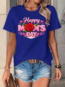 Estampado floral de corazón para el Día de la Madre.Camiseta de verano para mujer, blanca, de cuello redondo y manga corta, transpirable y casual. - Azul - Ver 6
