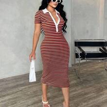 Women's Casual Minimalist Fashion Commuter Style Short Sleeve Black & White Striped Polo Dress, Knit High Stretch Fitted Mid-Length Dress, French Elegant Dress V Neck Striped Dress Striped Bodycon Dress Curve Casual Dress V Neck Dresses Women Bodycon Summer Dress - Café integral - Ver 5