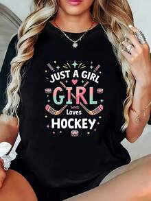 Talla Grande - Talla Grande - Talla Grande - Camiseta Oversize JUST A WHO Loves HOCKEY Estamp | Cuello Redondo Negro, Manga Corta, Estilo Casual, uste Cómodo, Diseño Moderno, Lavable a Máquina, Tejido Suave, I para Uso Diario y Regalos Festivos - Negro - Ver 2
