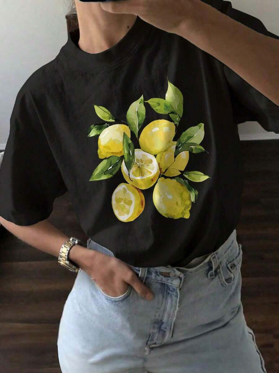 Camisa Casual de Manga Corta con Estampado de Limones [Diseño] Tayzi WIP2 - Negro - Ver 1