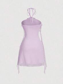 Vestido de malla elástica de punto para mujeres con decoración floral, volantes sin mangas en color lila - Lila Púrpura - Ver 2