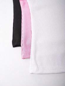 Top ajustado de cuello redondo informal para mujer - Rosa Pálido - Ver 3