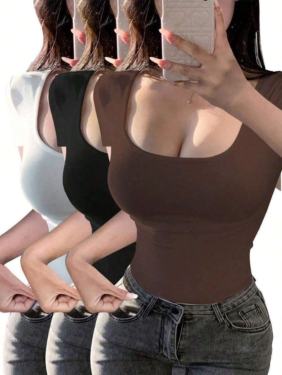 Set de 3 camisetas de mujer de manga corta con cuello en U, tops ajustados y cortos de color liso casual y de moda para el verano - Multicolor - Ver 1