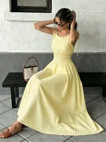 Vestido maxi a cuadros marrones 2026 para mujer, con tirantes de lazo y cintura fruncida con volantes, estilo minimalista casual y perfecto para vacaciones y uso diario - Amarillo claro - Ver 6