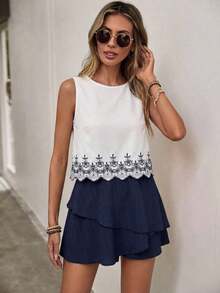 2 piezas de camiseta sin mangas y shorts de falda con diseño asimétrico y multicapa, ideal para uso casual, ir al trabajo o de vacaciones - Azul y blanco - Ver 11
