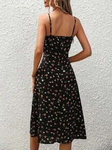 2024 Women's Floral Print Spaghetti Strap Summer Boho Beach Dress Elegant Printed Straps Square Neck Slit Dress - 藍點 - 查看 3