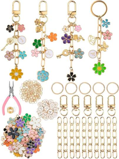 Bộ dụng cụ tự làm móc khóa mặt dây chuyền hoa tráng men hợp kim 131/206 chi tiết, bao gồm móc chìa khóa, dây chuyền, vòng chia và dụng cụ, thích hợp để trang trí túi xách, móc khóa.