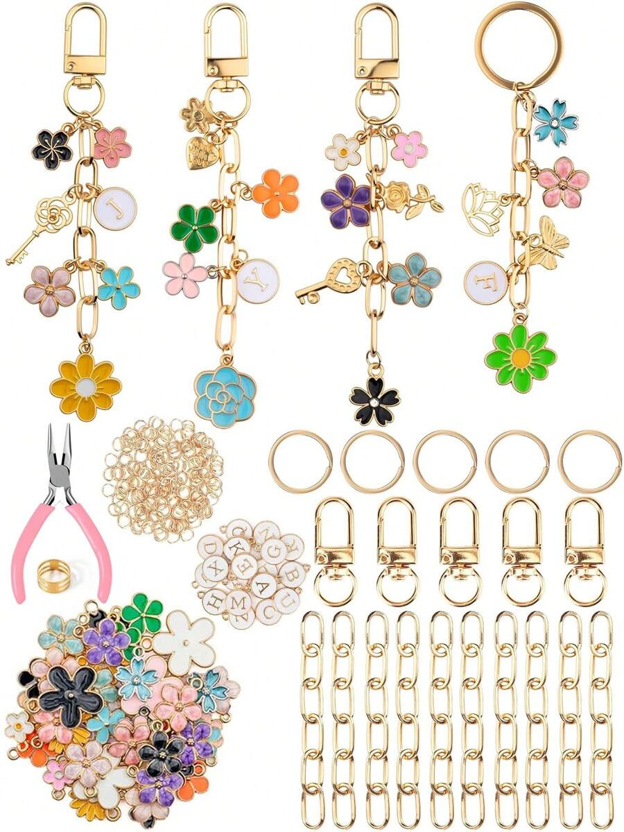 Kit de manualidades DIY para hacer llaveros con cadena y colgante de flor de aleación esmaltada, 80/131/206 piezas, incluye anilla para llaves, hebilla, cadena, argollas y alicates de montaje - Kit para hacer llaveros - Ver 1