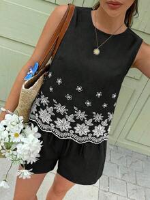 Set de 2 piezas de top sin mangas y shorts para mujer, de moda para el verano - Negro - Ver 4