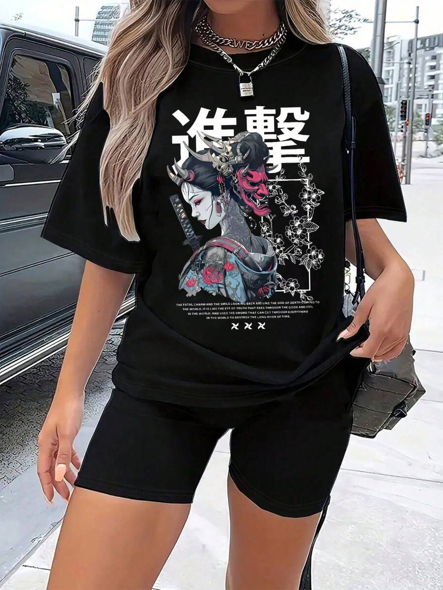 1 Piece 180g Camisera de Algodón para Mujer, Oversize Manga Corta Cuello Redondo con Estampado para el Diario y la Calle,designed by Y2K artists in the Bababask style - Negro - Ver 1