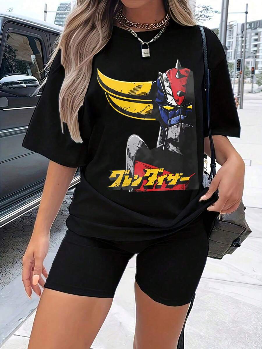1 Piece 180g Camisera de Algodón para Mujer, Oversize Manga Corta Cuello Redondo con Estampado para el Diario y la Calle,designed by Y2K artists in the Bababask style - Negro 6 - Ver 1