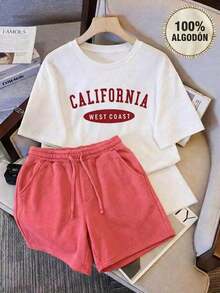 Almacén local, una camiseta de manga corta para mujer con estilo retro americano, de corte holgado y diseño estampado (los pantalones son solo para sugerencias de estilo). Esta pieza sencilla y elegante presenta un patrón de letras impresas con temática tropical, lo que la convierte en un elemento imprescindible para crear un look relajado de vacaciones, perfecto para ocasiones como el Día del Trabajo y el Día de la Independencia de México. - Multicolor - Ver 7