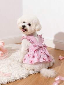 LUCKIE PAL 1pc Bow Print Flutter Sleeve Dress, Cute Princess Style Suitable For Chihuahua, Small Dogs, Wedding, Indoor & Outdoor Pet Clothing - Pink - View 4