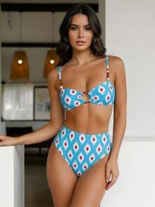 2 piezas Conjunto de bikini de cintura alta con diseño de rombo y espalda descubierta, adecuado para la playa, vacaciones, verano - azul cielo - Ver 3
