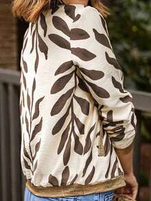 Chaqueta de béisbol estampada, con bolsillos, casual y cómoda para vacaciones, con parches de lámina, ligera tipo bomber, para mujer, talla grande vendida en primavera/verano - Café integral - Ver 2