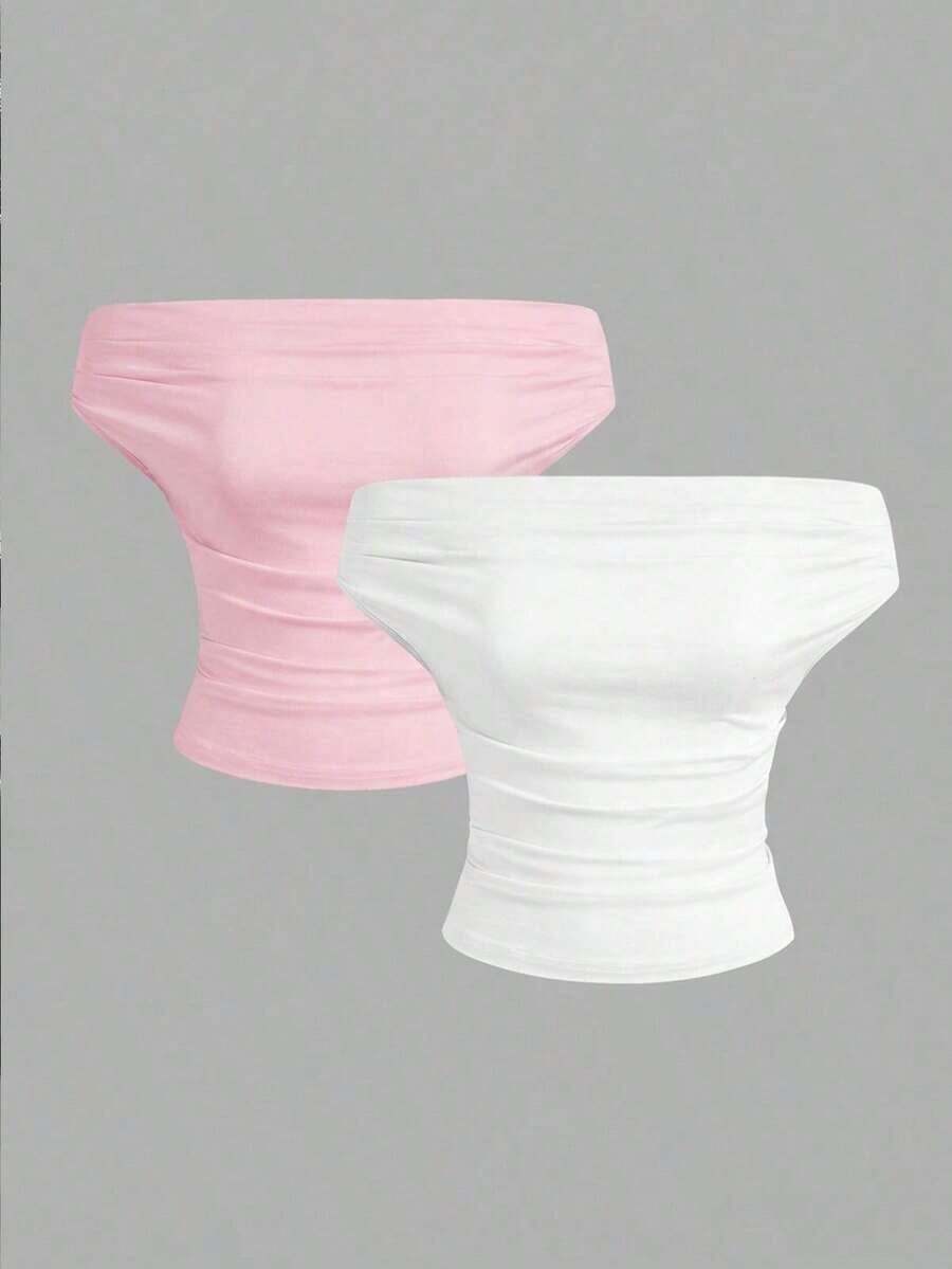 Set de 2 piezas Blusa con hombros descubiertos y volantes de unicolor, nueva ropa de verano versátil y combinable para mujeres - Multicolor - Ver 1