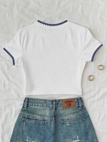 Camiseta corta de ajuste ceñido con estampado floral naranja de estilo elegante de resort para mujer - Azul 2 - Ver 2